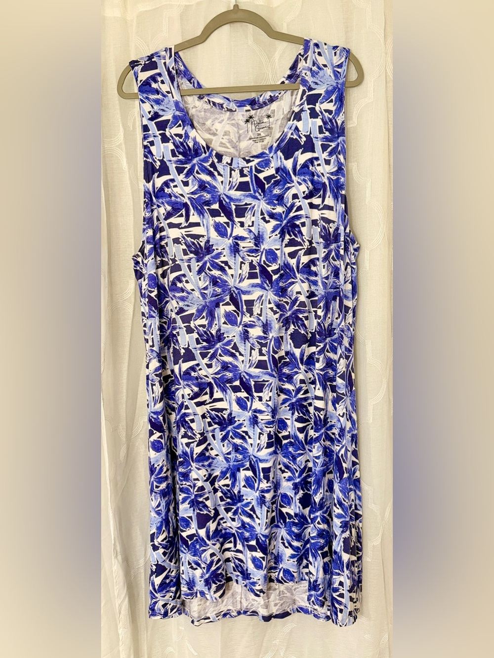 Palm Grove Floral Sleep Gown Nightgown 2X Blue White Sleeveless Lounge Dress